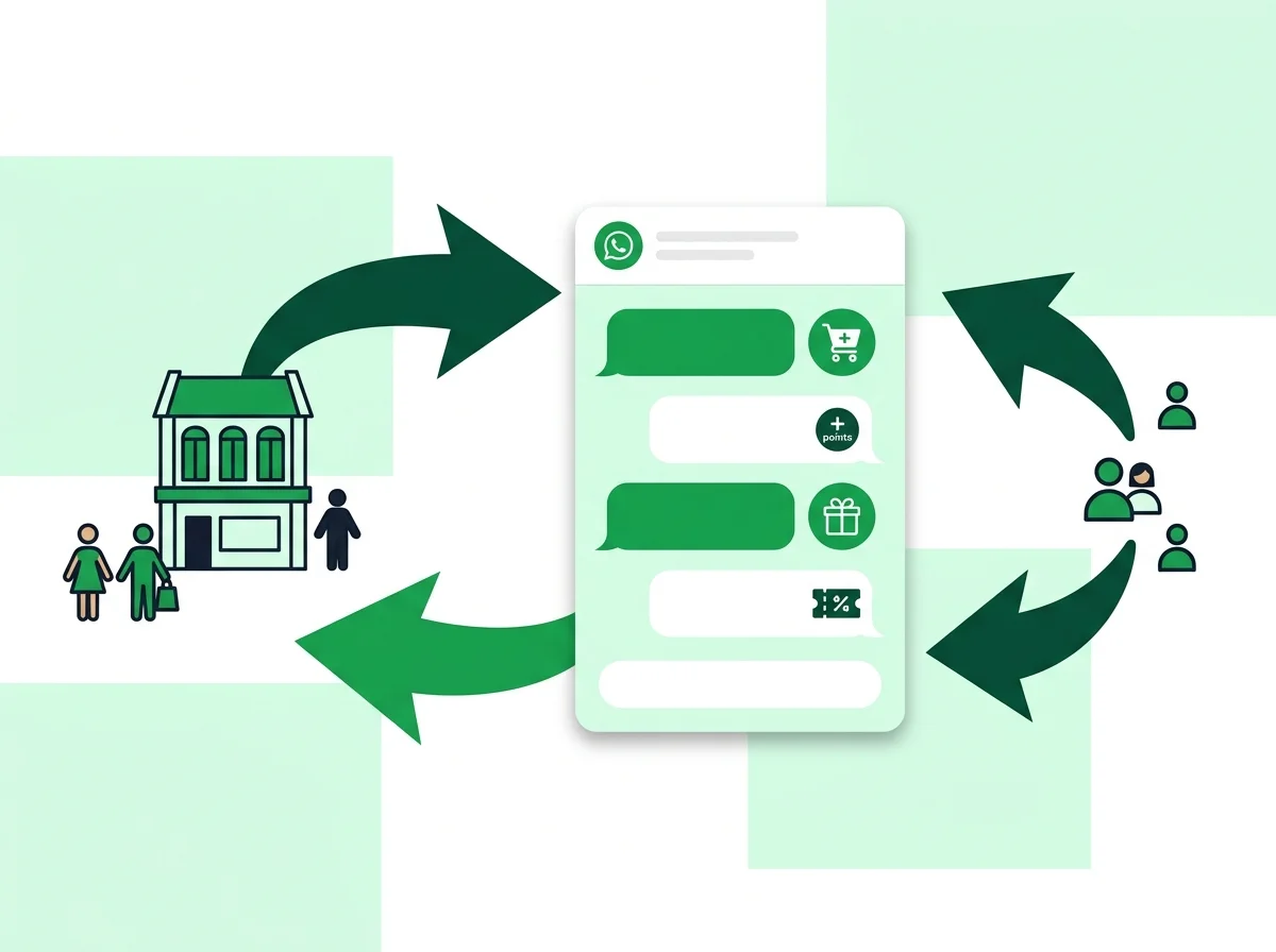 Ajak.my loyalty loop — customer buys, points added, reward redeemed via WhatsApp